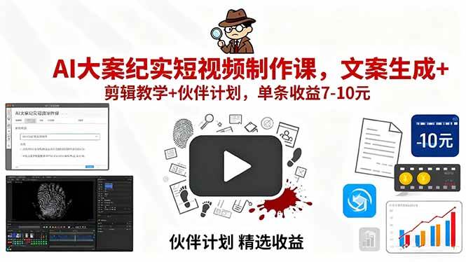 （15992期）AI大案纪实短视频制作课，文案生成+剪辑教学+伙伴计划，单条收益7-10元|学课链网创