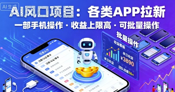 AI风口项目，各类APP拉新，一部手机就可以操作，收益上限高，可批量操作|学课链网创