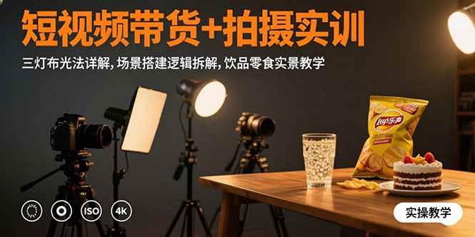 （15540期）短视频带货+拍摄实训：三灯布光法详解,场景搭建逻辑拆解,饮品零食实景教学|学课链网创