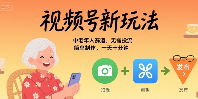 视频号新玩法，中老年人赛道，无需投流，简单制作，一天十分钟，月入1W|学课链网创