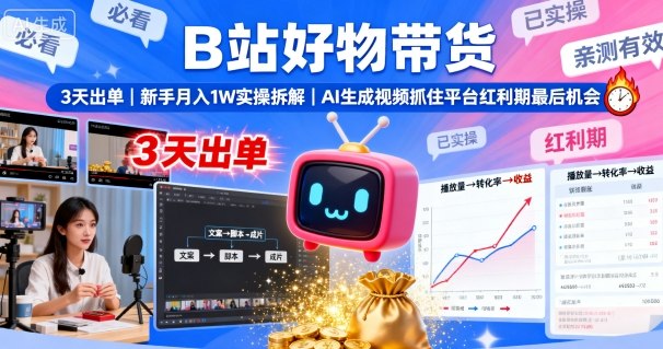 B站好物带货,3天出单,新手月入1W实操拆解,AI生成视频,抓住平台红利期最后机会|学课链网创