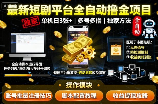 最新短剧平台全自动挂G撸金项目，单机一天3张+，多号多撸，区别于市面所有挂机项目，独家方法【揭秘】|学课链网创