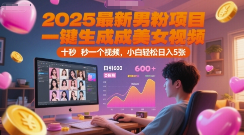 2025最新男粉项目，一键生成美女视频，日引600+色粉 十秒一个视频，小白轻松日入5张【揭秘】|学课链网创