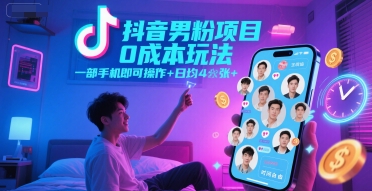 抖音男粉项目0成本玩法，一部手机即可操作，日均4张+，时间自由|学课链网创