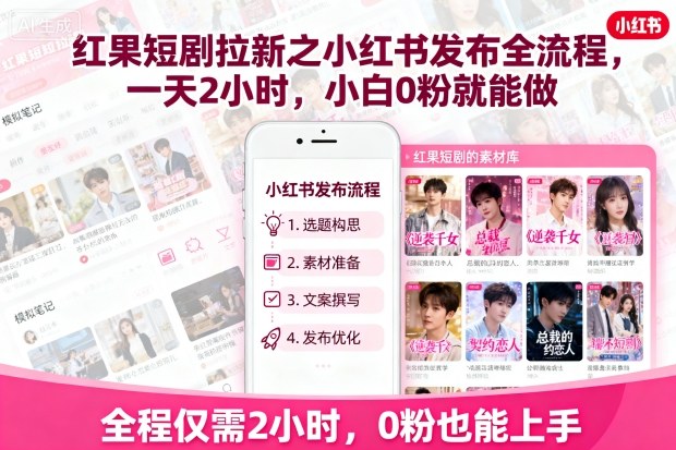 红果短剧拉新之小红书发布全流程，一天2小时，小白0粉就能做|学课链网创