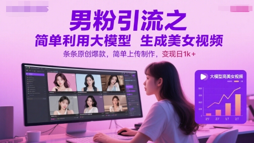 男粉引流之简单利用大模型生成美女视频，条条原创爆款，简单上传制作，变现日1k+|学课链网创