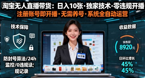 【最新】淘宝无人直播带货,日入10张,独家技术,无违规无封号,注册账号直接开播,不用养号【揭秘】|学课链网创