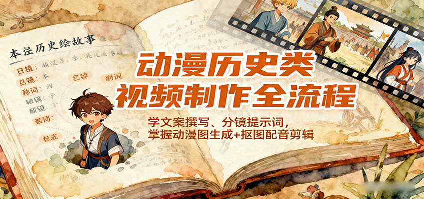 动漫历史类视频制作全流程，学文案撰写、分镜提示词，掌握动漫图生成+抠图配音剪辑|学课链网创