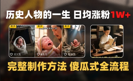 历史人物的一生 日均涨粉1W+，完整制作方法 傻瓜式全流程|学课链网创
