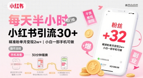 每天半小时小红书引流30+，精准粉单月变现2w+，小白新手一部手机可做，今天5分钟硬核实操|学课链网创