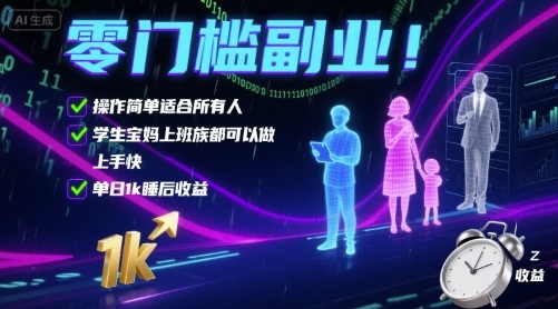 零门槛副业！操作简单适合所有人，学生宝妈上班族都可以做，上手快，单日1k睡后收益【揭秘】|学课链网创