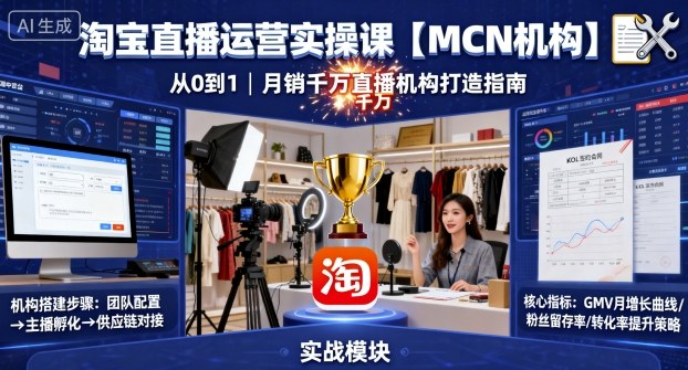 淘宝直播运营实操课【MCN机构】,从0到1做一家月销千W的直播机构|学课链网创