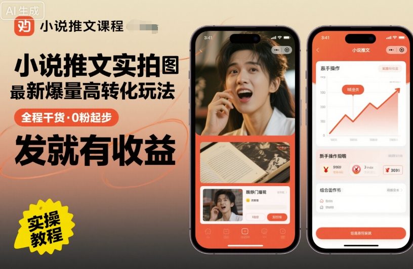 小说推文实拍双图文最新爆量高转化玩法，全程干货，0粉起步，发就有收益|学课链网创