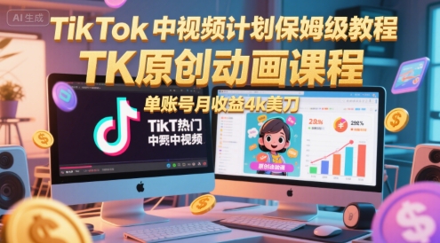 TikTok中视频计划保姆级教程，TK原创动画课程，单账号月收益4k美刀|学课链网创