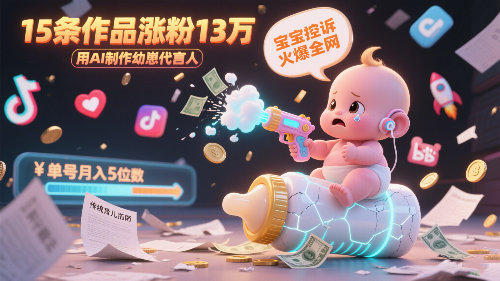 用AI制作幼崽代言人，宝宝的控诉火爆全网，15条作品涨粉13万，单号月入5位数实操教程|学课链网创
