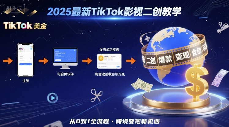 2025年最新TikTok影视二创教学，从注册到发布撸美金全流程，跨境变现新机遇|学课链网创