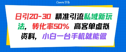 日引 20-30 精准引流私域新玩法，转化率50% 高客单虚拟资料，小白一台手机就能做|学课链网创