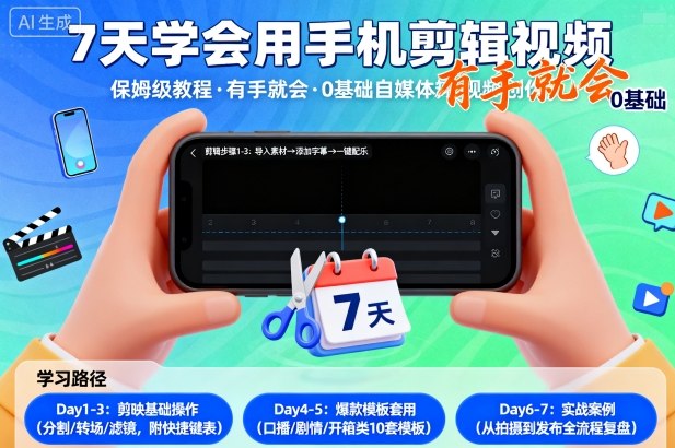 7天学会用手机剪辑视，保姆级教程，有手就会，0基础自媒体短视频创作教程|学课链网创