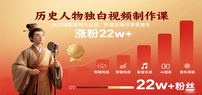 历史人物独白视频制作课，从剪辑配音到AI出图，声音克隆与背景音乐，涨粉22w+|学课链网创