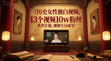 历史女性独白视频，13个视频10w粉丝，伙伴计划，视频号分成等|学课链网创