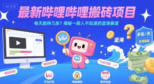 最新哔哩哔哩上B站搬砖项目，每天能挣几张？揭秘一般人不知道的蓝海赛道|学课链网创
