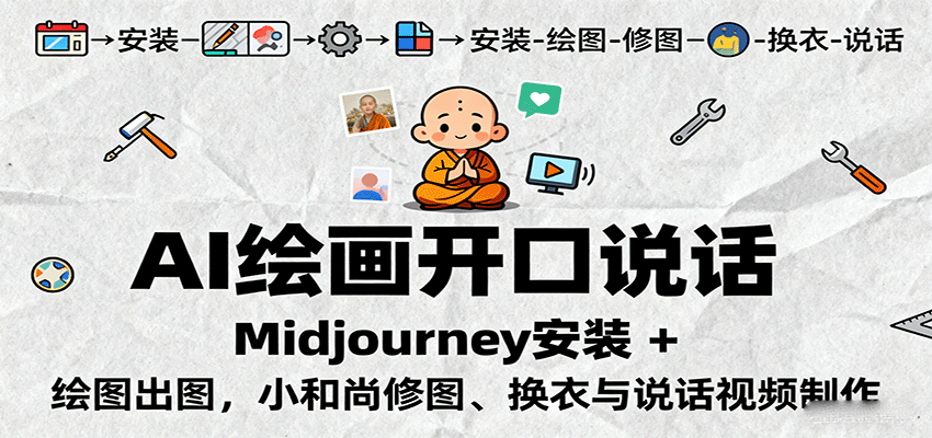 AI绘画开口说话,Midjourney安装 + 绘图出图,小和尚修图、换衣与说话视频制作|学课链网创
