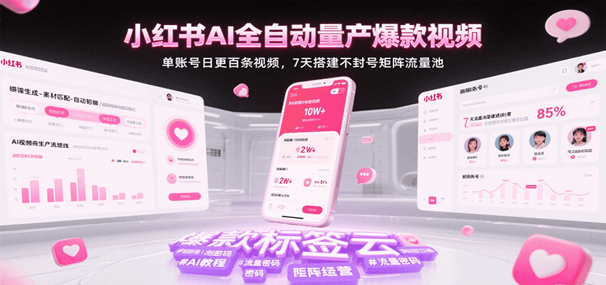 小红书AI全自动量产爆款视频，单账号日更百条视频，7天搭建不封号矩阵流量池|学课链网创