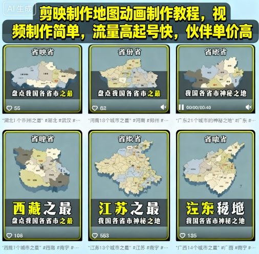 剪映制作地图动画制作教程，视频制作简单，流量高起号快，伙伴单价高|学课链网创