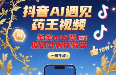 抖音AI遇见药王视频，条条10W赞，快速起千粉万粉号，傻瓜式制作教学|学课链网创