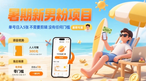暑期新男粉项目 单号日入5张 不需要剪辑 没有任何门槛|学课链网创