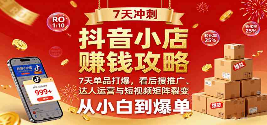 抖音小店赚钱攻略:7天单品打爆技巧,看后搜推广、达人运营与短视频矩阵裂变实战|学课链网创