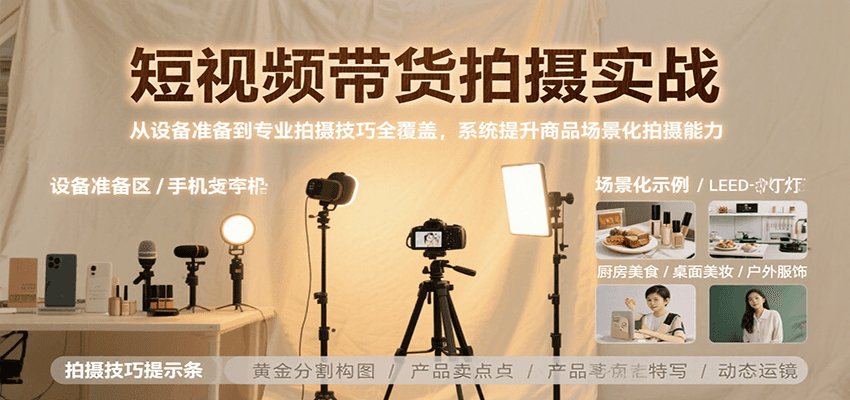 短视频带货拍摄实战，从设备准备到专业拍摄技巧全覆盖，系统提升商品场景化拍摄能力|学课链网创