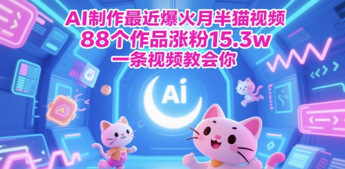 AI制作最近爆火月半猫视频，88个作品涨粉15.3w，一条视频教会你|学课链网创