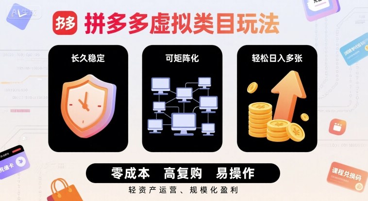 拼多多虚拟类目玩法,长久稳定,可矩阵化,轻松日入多张|学课链网创