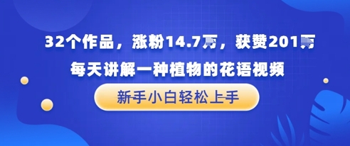 32个作品，涨粉14.7W，获赞201W，每天讲解一种植物的花语视频，无需任何技巧，新手小白轻松上手|学课链网创
