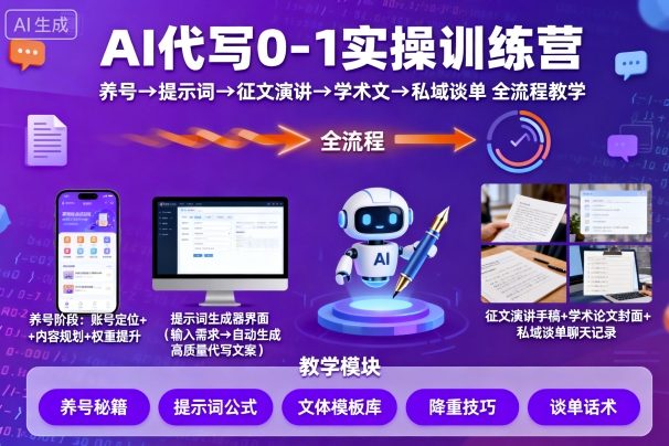 AI代写0-1实操训练营，从养号、提示词、征文演讲、学术文，到私域谈单的全流程教学|学课链网创