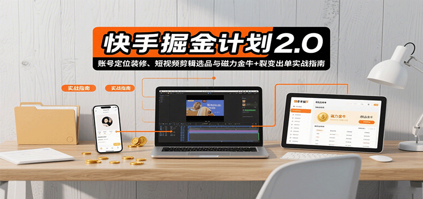 快手掘金计划2.0，账号定位装修、短视频剪辑选品与磁力金牛+裂变出单实战指南|学课链网创