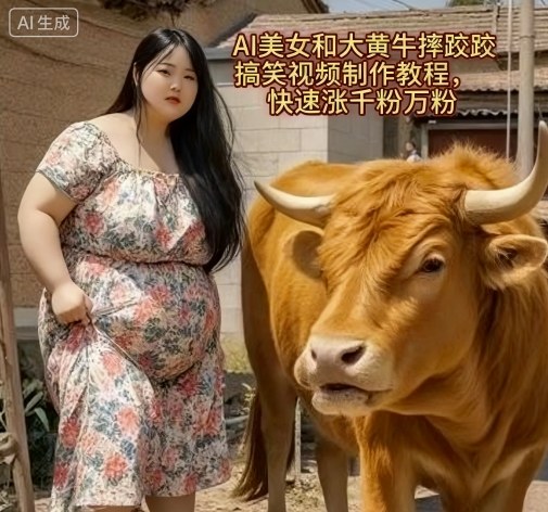 AI美女和大黄牛摔跤搞笑荒诞视频制作教程,快速涨千粉万粉|学课链网创