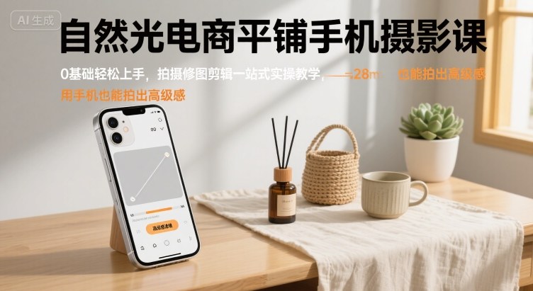自然光电商平铺手机摄影课，0基础轻松上手，拍摄修图剪辑一站式实操教学，用手机也能拍出高级感|学课链网创
