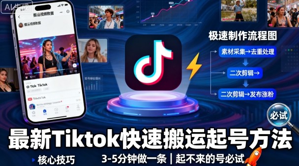 最新Tiktok快速搬运快速起号方法，3-5分钟做一条，起不来的号可以试试|学课链网创