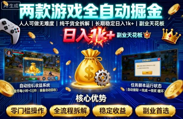 两款游戏全自动掘金，人人可做无难度，纯干货全拆解，长期稳定，日入1k+，副业天花板【揭秘】|学课链网创
