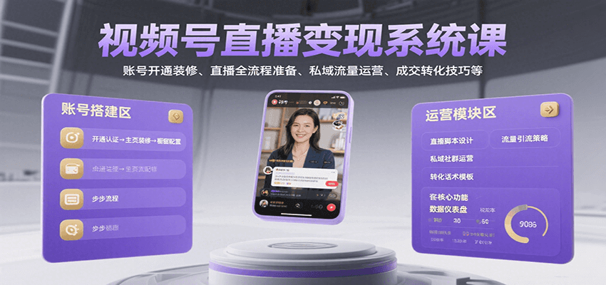 视频号直播变现系统课，账号开通装修、直播全流程准备、私域流量运营、成交转化技巧等|学课链网创