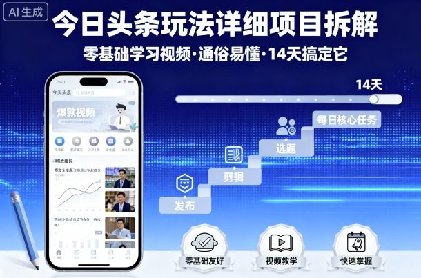 今日头条玩法详细项目拆解，零基础学习视频 通俗易懂 14天搞定它|学课链网创
