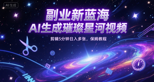 副业新蓝海，AI生成璀璨星河视频，剪辑5分钟日入多张，保姆教程|学课链网创