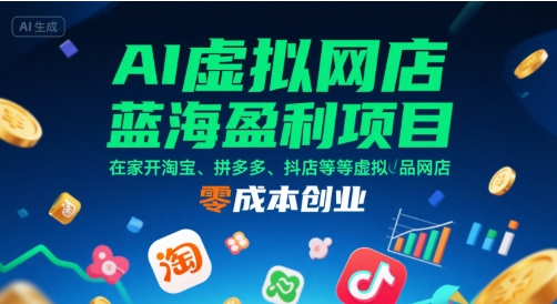 AI虚拟网店蓝海盈利项目，在家开淘宝、拼多多、抖店等虚拟品网店，零成本创业|学课链网创