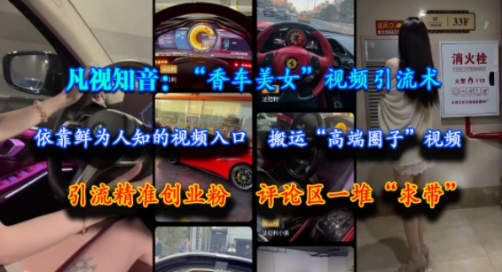 凡视知音：“香车美女”视频引流术，依靠鲜为人知的视频入口，搬运“高端圈子”视频，引流精准创业粉，评论区一堆“求带”|学课链网创
