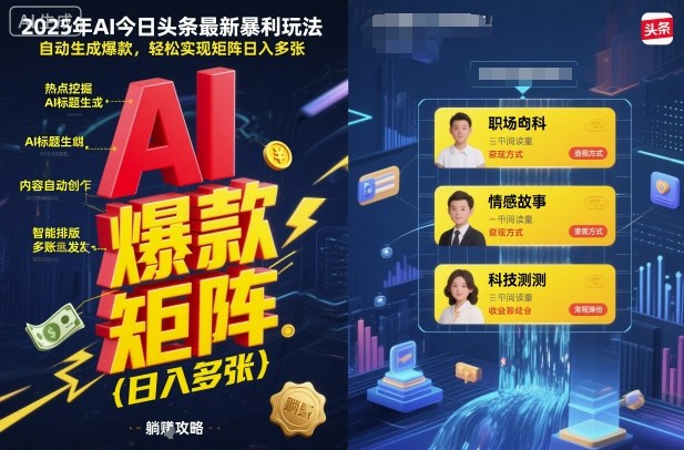 2025年AI今日头条最新暴利玩法，自动生成爆款，轻松实现矩阵日入多张|学课链网创