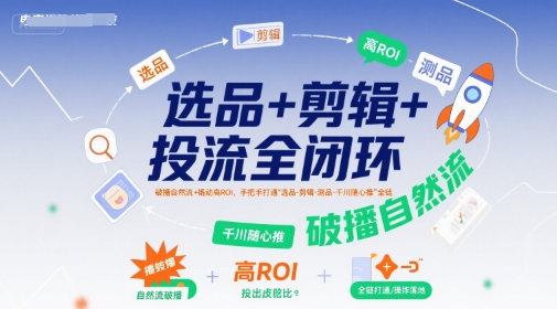 选品+剪辑+投流全闭环，破播自然流+撬动高ROI，手把手打通“选品-剪辑-测品-千川随心推”全链|学课链网创