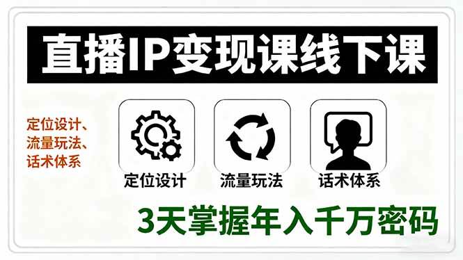 (16065期)直播IP变现课线下课,定位设计、流量玩法、话术体系,3天掌握年入千万密码|学课链网创