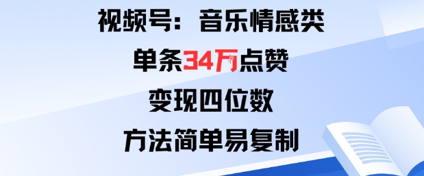 视频号分成计划新玩法：音乐情感类单条34W点赞，变现四位数，方法简单易复制|学课链网创